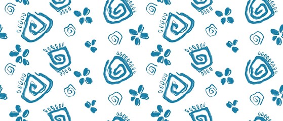 Seamless abstract geometric pattern. Blue ethnic elements on white background. Meanders, flowers. Design for textile fabrics, wrapping paper, background, wallpaper, cover.