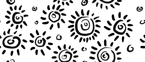 Fototapeta premium Seamless abstract geometric pattern. Black ethnic elements on white background. Meanders, suns. Design for textile fabrics, wrapping paper, background, wallpaper, cover.