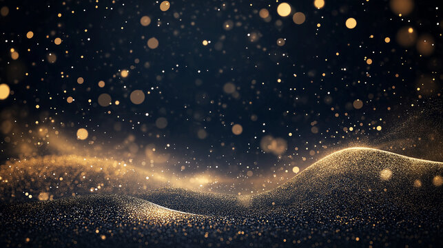 Gold glittering confetti wave and stardust. Backdrop with golden magical sparkles on dark background.