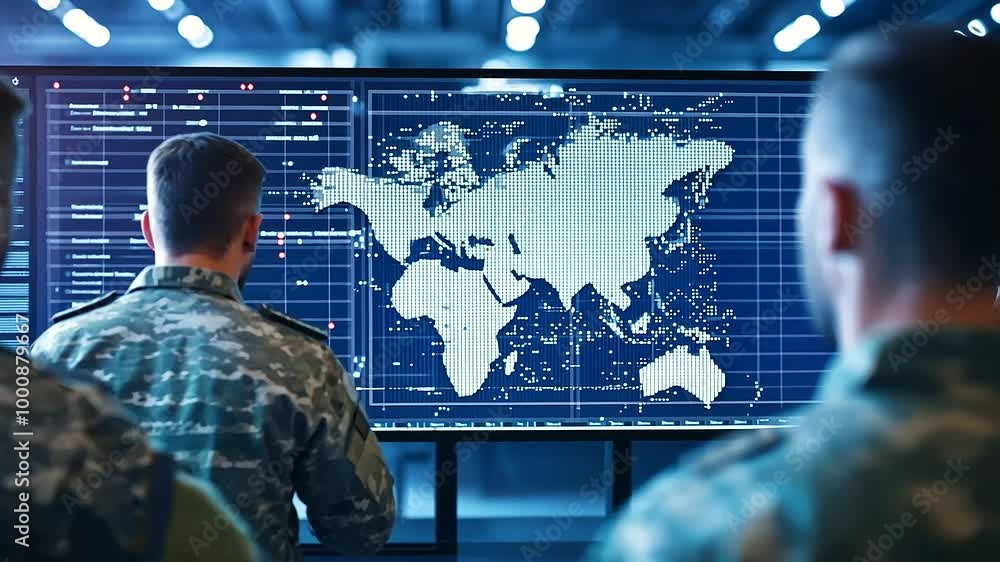 Poster command center military personnel reviewing live data on multiple screens in a dark, high-tech comma