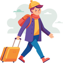 Boy walking with a suitcase, representing travel and adventure in a vector illustration