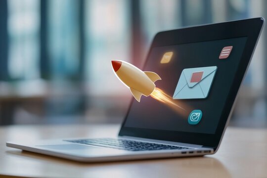 Laptop On Desk With Floating Icons