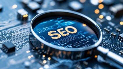 Magnifying Glass Over Circuit Board With SEO