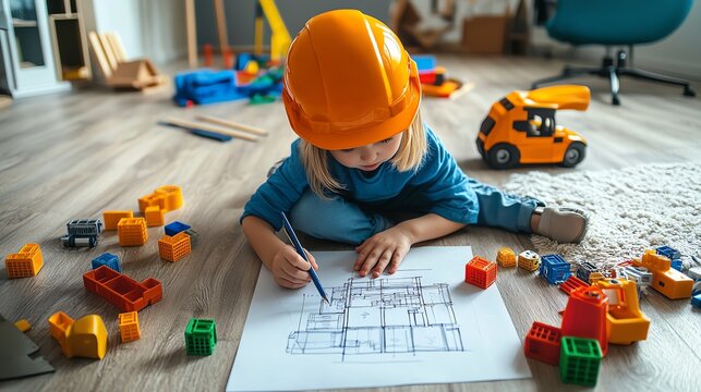 A young girl in a hard hat is drawing a floor plan and surrounded by toy construction tools.