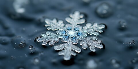Fototapeta premium A Single Snowflake Resting on a Surface of Water, Captured in Exquisite Detail, with a Delicate Reflection and a Blurred Background