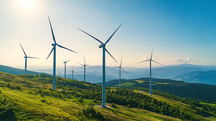 Wind turbines on a green hill with a bright blue sky in the background.