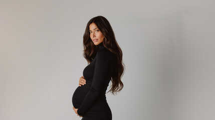 A beautiful, pregnant woman in a black turtleneck dress poses for a photo shoot against a white background. Big pregnant belly. Pretty woman waiting child. Space for text. Generative AI.