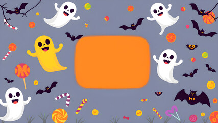 Halloween background with ghost, bat, candy, pumpkins.