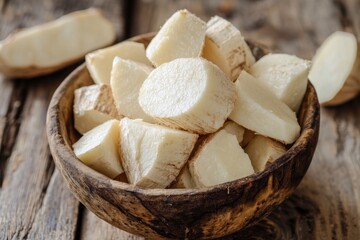 several pieces of raw and chopped cassava, in a bowl on an old teak table - generative ai