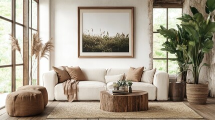 Mock up frame in a contemporary living room with stylish natural wooden decor and large windows, 3D render 