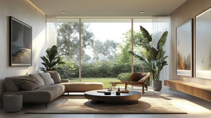 Mock up frame in a contemporary living room with stylish natural wooden decor and large windows, 3D render 