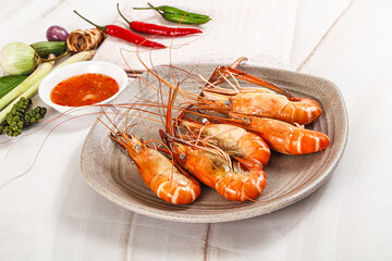 Boiled tiger prawn with sauce