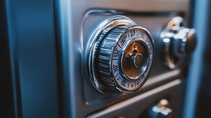 Close up shot of a safe door with a combination lock.