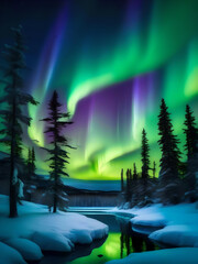 Snowy Creek with trees and Northern Lights 