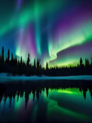 Close-up of lake reflecting northern lights 