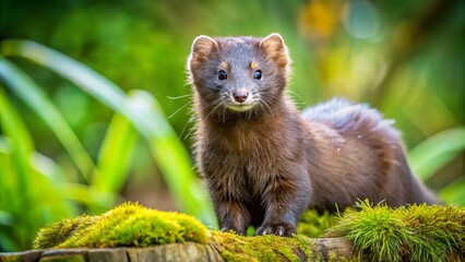 Fototapeta premium In the wild, elegant mink showcase their stunning fur and graceful movements, seamlessly blending into their natural
