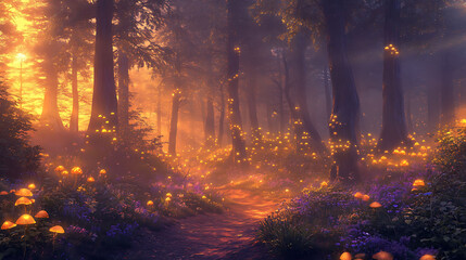 A magical forest path illuminated by glowing mushrooms and fireflies at sunset.