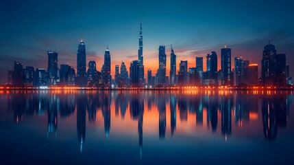 Fototapeta premium Mesmerizing Nighttime Skyline of Illuminated Skyscrapers Reflecting in Dubai s Marina