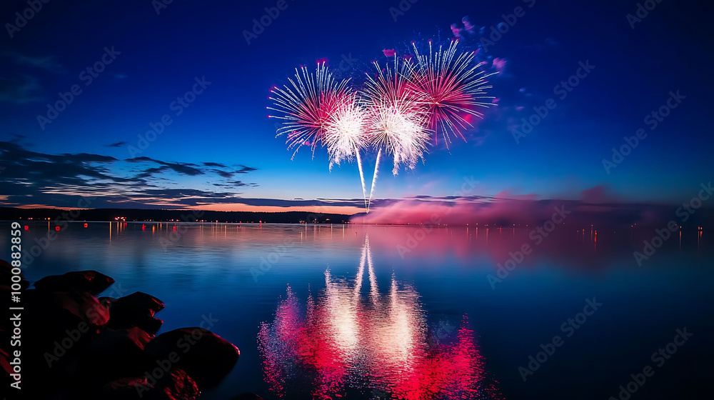 Poster a spectacular fireworks display explodes over a tranquil lake at dusk, creating a mesmerizing reflec