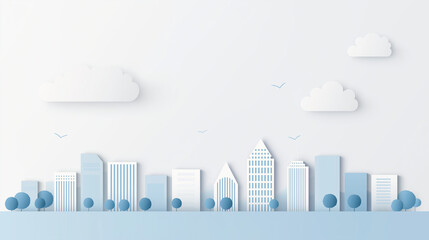 Fototapeta premium Monochrome urban landscape with clouds in the sky. Blue city buildings with trees. Modern architectural flat style vector illustration. Vector cityscape background.