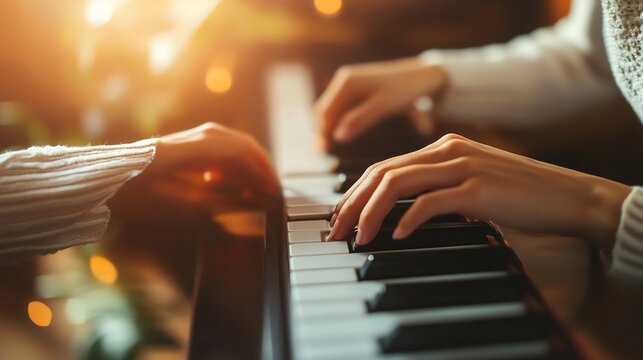 Two hands on a piano with warm lights and a blurred background.