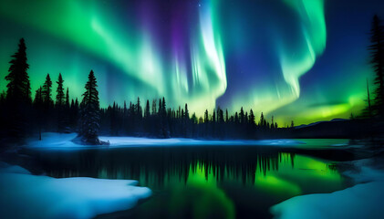 Frozen Lake with Aurora Borealis in the Sky