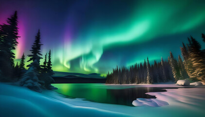 Northern Lights Reflecting off of snowy lake 