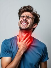 Obraz premium A young man in a blue t-shirt is smiling while holding his throat, appearing to experience light discomfort