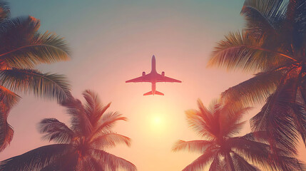 A silhouette of a plane flying over palm trees in a vibrant sunset.