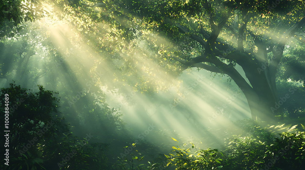 Poster sunbeams breaking through the canopy of a lush forest, creating a magical and ethereal atmosphere.