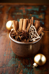 Christmas decoration on rustic wooden background. Close up.