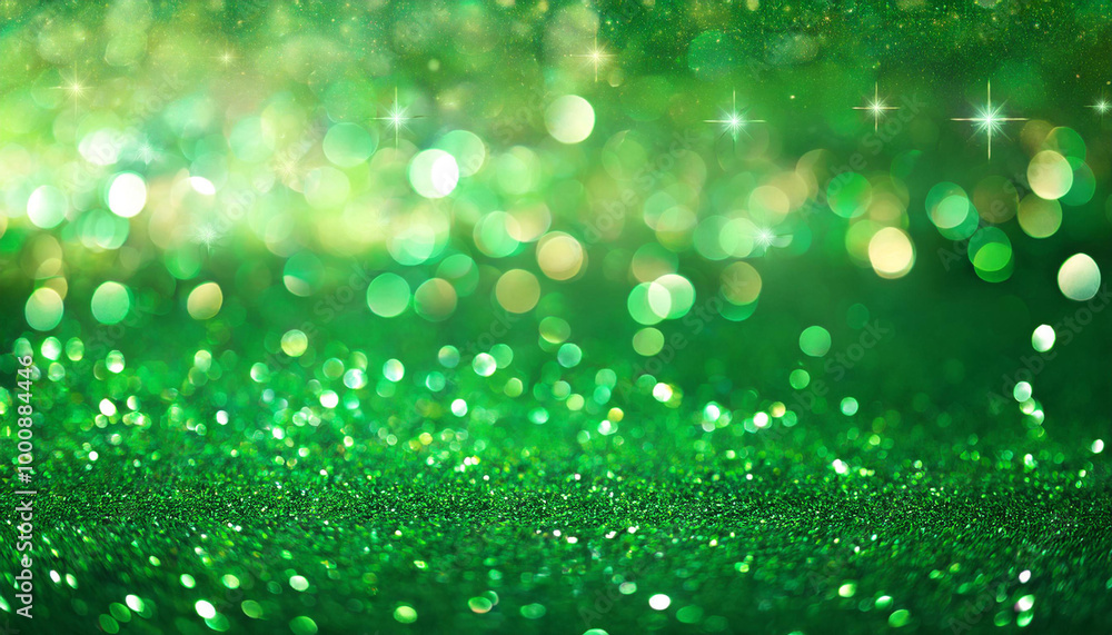 Poster green sparkling lights festive background with texture. abstract christmas twinkled bright bokeh def
