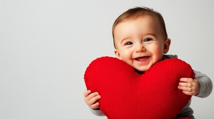 Smiling baby with heart pillow, isolate, text space