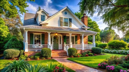Lovely whitewashed brick residence surrounded by lush greenery, featuring a cozy front porch that invites warmth and