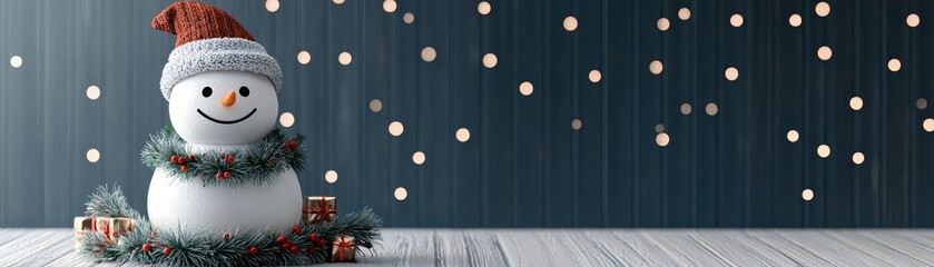 A cheerful snowman adorned with a cozy hat, surrounded by holiday decorations, perfect for winter and Christmas-themed designs.