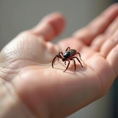 Obraz premium A tick crawls on a person's hand, showcasing its intricate details against the skin. The setting hints at a sunny day, raising awareness about outdoor pests and the importance of checking for ticks af