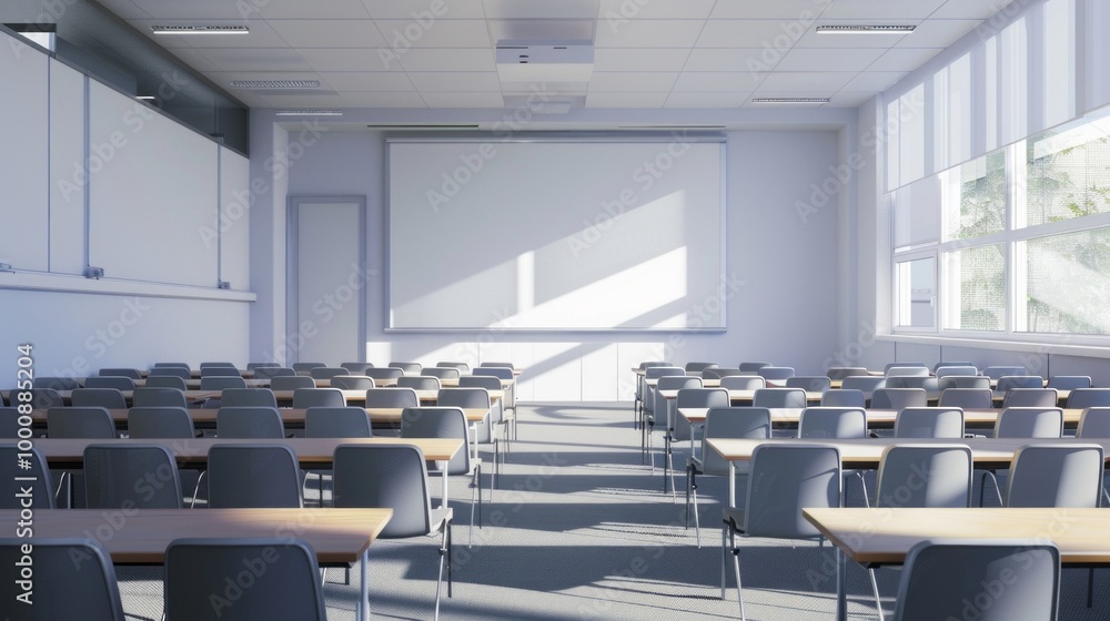 Poster a large empty classroom with rows of chairs and tables