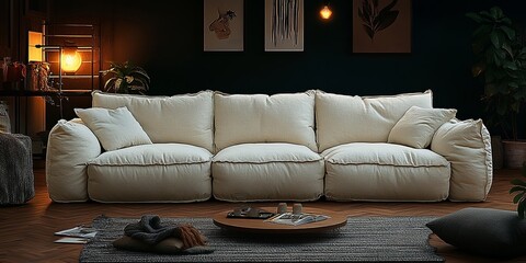 A cozy living room with a plush off-white sectional sofa, accented by soft throw pillows, a wooden coffee table and a patterned rug, all illuminated by warm overhead lighting.