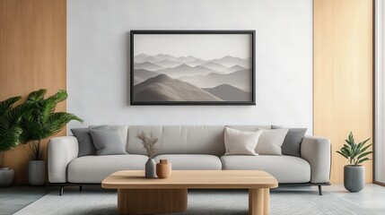 Mock up frame in a modern living room with natural wooden coffee table and sleek decor 