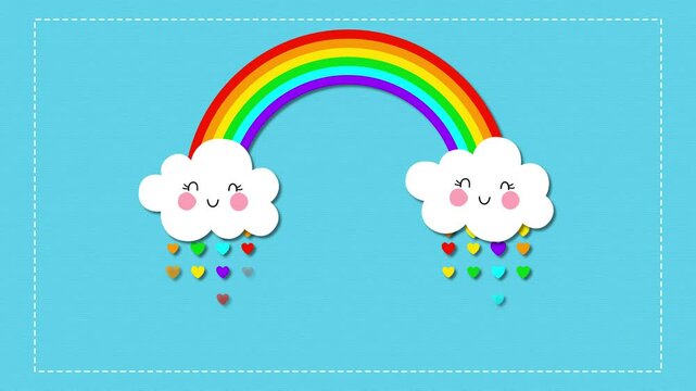 rainbow and clouds and hearts rain on blue sky, kids cute and happy animation,baby shower and lullaby and nursery rhyme motion design element
