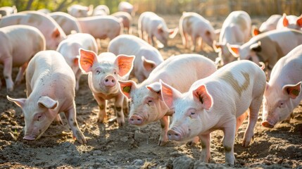 A group of pigs are standing in a field