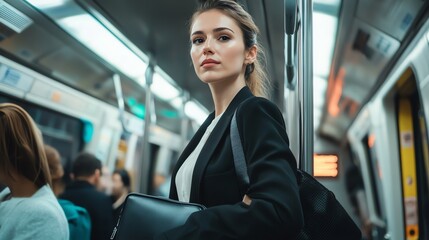 Obraz premium A young woman in a black blazer is standing on a subway train, looking directly at the camera.