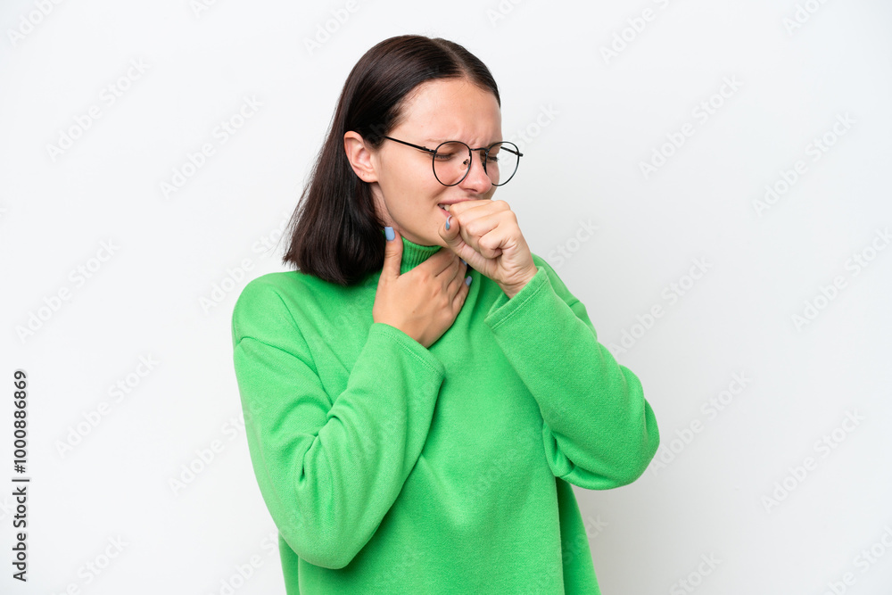 Wall mural young caucasian woman isolated on white background coughing a lot