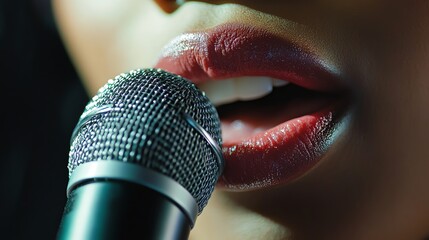 Close-up of a woman singing into a microphone.