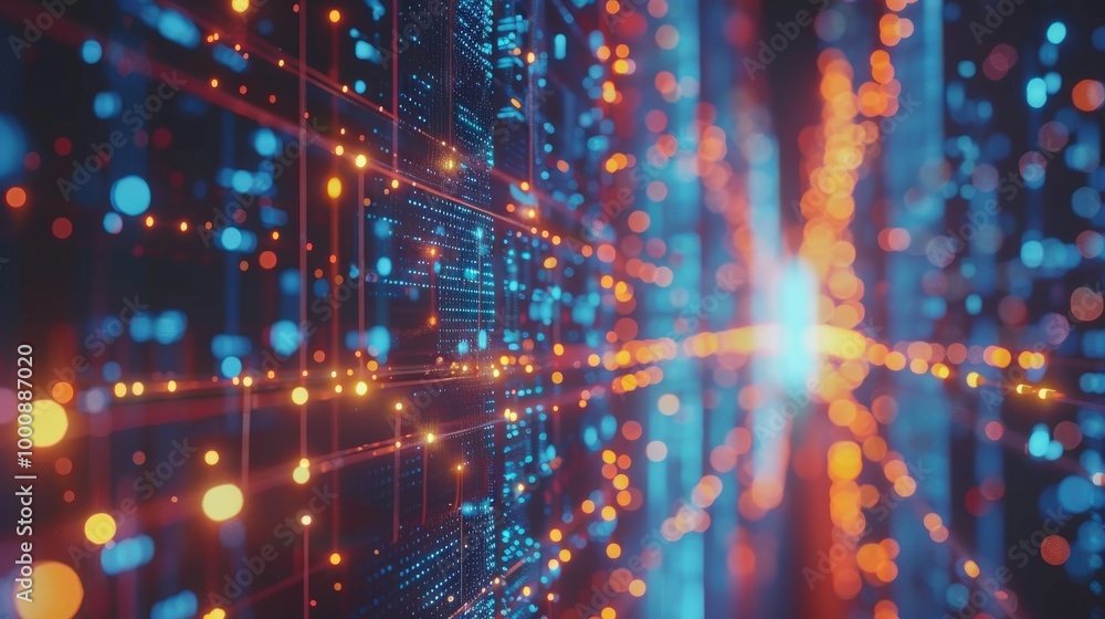 Poster close-up of abstract digital lines and nodes forming a futuristic data network. blue and orange neon
