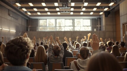 A large crowd of people are in a room, all raising their hands in unison