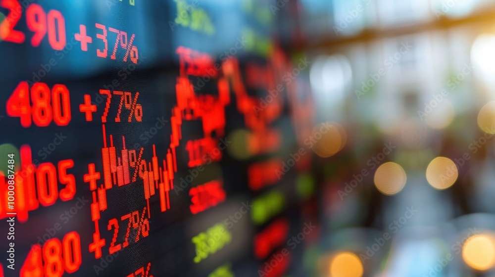 Poster close-up stock exchange board displaying red and green percentage changes, real-time data shows stoc
