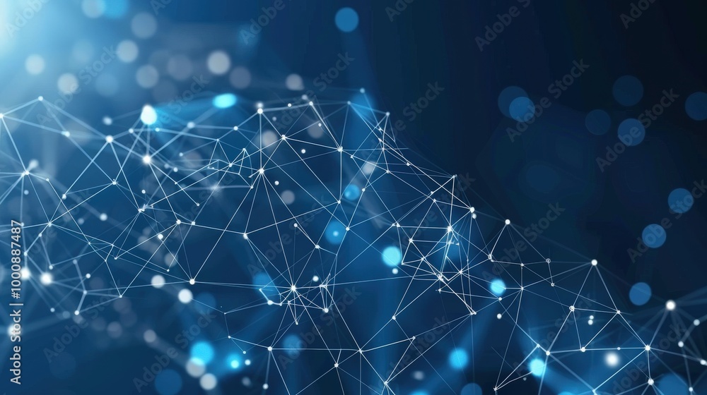 Poster abstract network white geometric lines points on blue background representing digital web or blockch