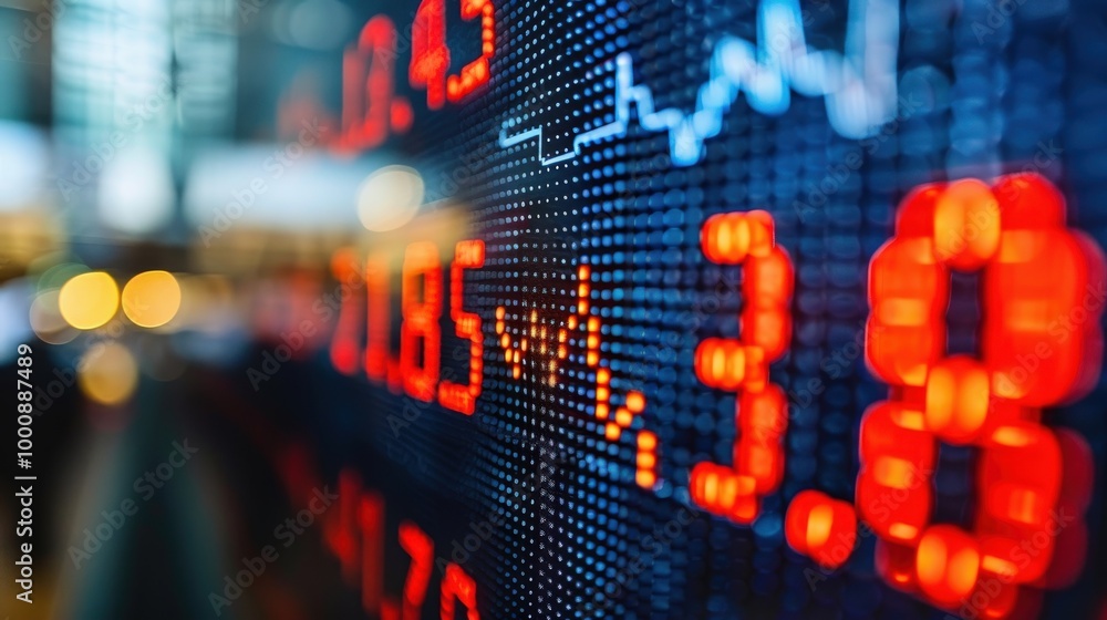 Poster high-resolution stock market screen displaying dynamic price changes graphs, orange blue color schem