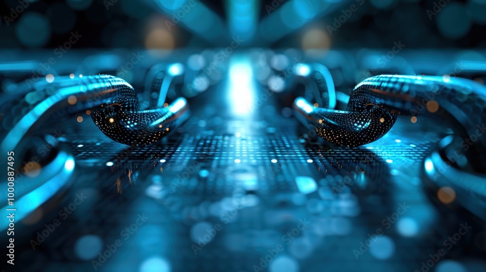 Poster cose-up digital chain lying flat on a glowing circuit board symbolizes the foundation of blockchain 